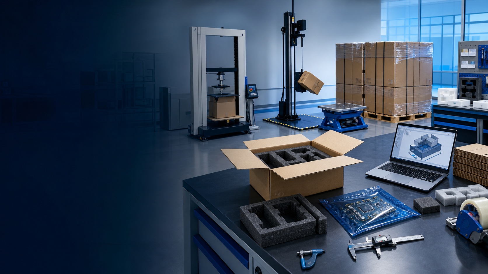 Packaging engineering lab with cartons, protective foam, pallets and packaging test equipment